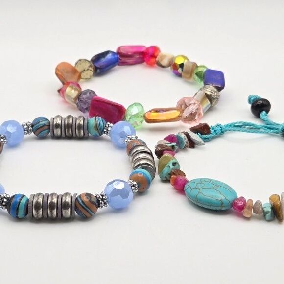 Three Bright and Colorful Mixed Media Beaded Bracelets - 2 Stretch and 1 Slide - Picture 6 of 6